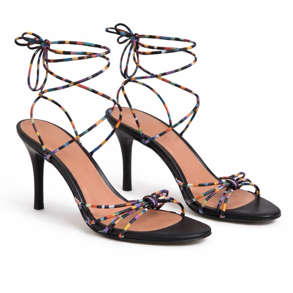 Anthropologie Colin Stuart Sandals Shoe  Lace Up Leather Straps Black MutiColor